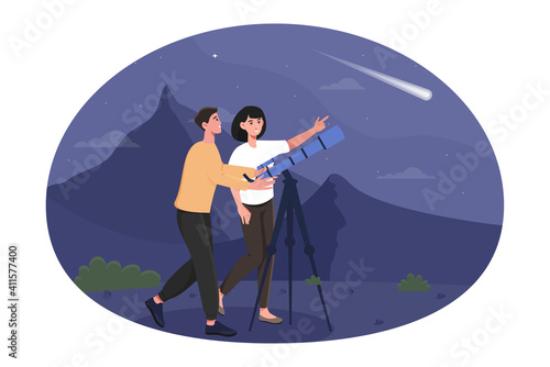 Happy cute couple are stargazing on a romantic night date. Male and female characters are watching stars in telescope. Boyfriend and girlfriend. Midnight park. Flat cartoon vector illustration