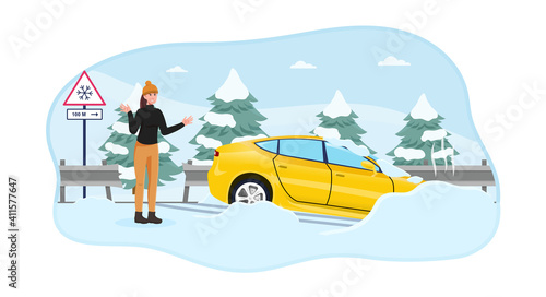 Female character got her car skidded on a slippery snowy road. Woman in standing near car in shock with a snowy road sign on the back. Flat cartoon vector illustration