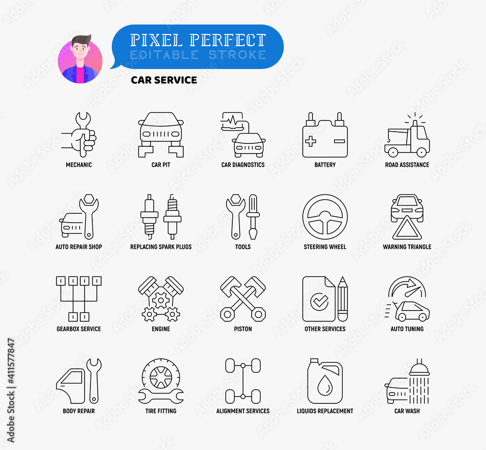 Car service thin line icons set: mechanic, car pit, computer diagnostics, road assistance, battery, body repair, tire fitting, replacing spark plugs. Pixel perfect, editable stroke Vector illustration