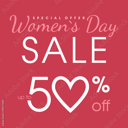Women's Day Sale. Discounts of up to 50 percent. Template for social media posts.