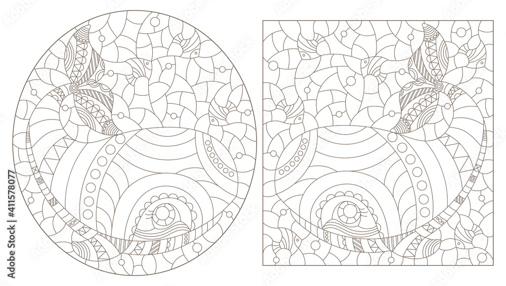 Set of contour illustrations in stained glass style with abstract cartoon whales, dark outlines on a white background