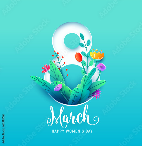 8 march, happy womens day greeting card vector illustration in 3d paper cut style. Number eight with spring flowers and leaves on blue background