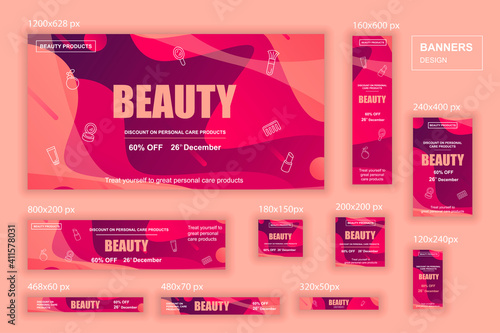 Collection web banners different sizes for mobile and social networks, poster, shopping ads, marketing material. Bundle banners for product promotion, beauty and cosmetics, fashion, natural product.