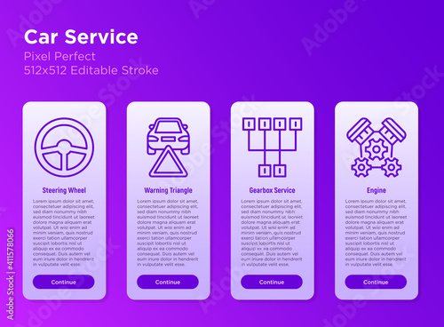 Car service mobile user interface with thin line icons: steering wheel, warning triangle, transmission, engine. Pixel perfect, editable stroke. Vector illustration.