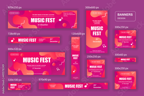 Collection web banners different sizes for mobile and social networks, poster, shopping ads, marketing material. Bundle banners for product promotion, music fest, dj party, musical holiday.