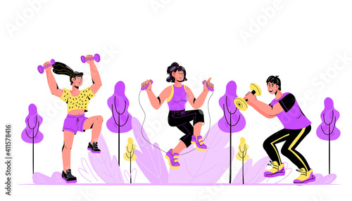 Outdoor sport activity concept of colorful banner with exercising men and women  cartoon vector illustration. People doing sport training workout  leading healthy lifestyle.