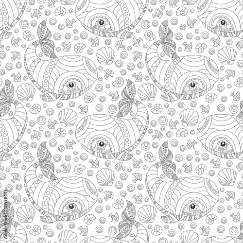 Seamless pattern with outline cartoon whales and fishes, contour animals on a white background © Zagory