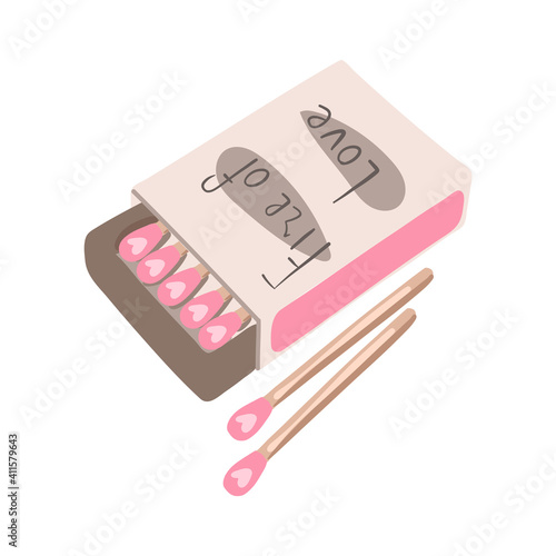 Vector matches box, pink matches. The inscription on the packaging is fire of love. Hand-drawn cartoon. Isolated on white background