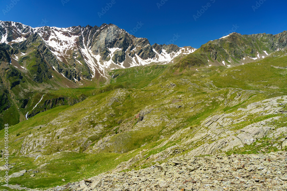 Passo Gavia, mountain pass in Lombardy, Italy, to Val Camonica at summer Passo Gavia, mountain pass in Lombardy, Italy, to Val Camonica at summer