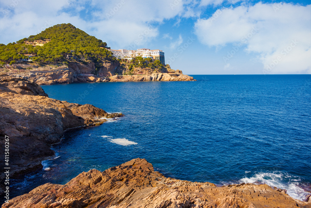 View of Cap Sa Sal from the other end of the Aiguafreda cove, which can be accessed through a coastal path that borders the cove. Begur, Costa Brava, Catalonia, Spain