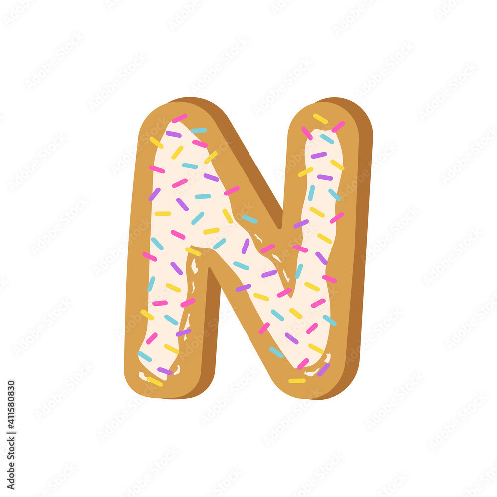 Cookies in the form of the letter N. Alphabet made from cookies with confetti. Vector illustration of letters. Cute font design, object isolated. Cookies in the form of the letter N. Alphabet made from cookies with confetti. Vector illustration of letters. Cute font design, object isolated.