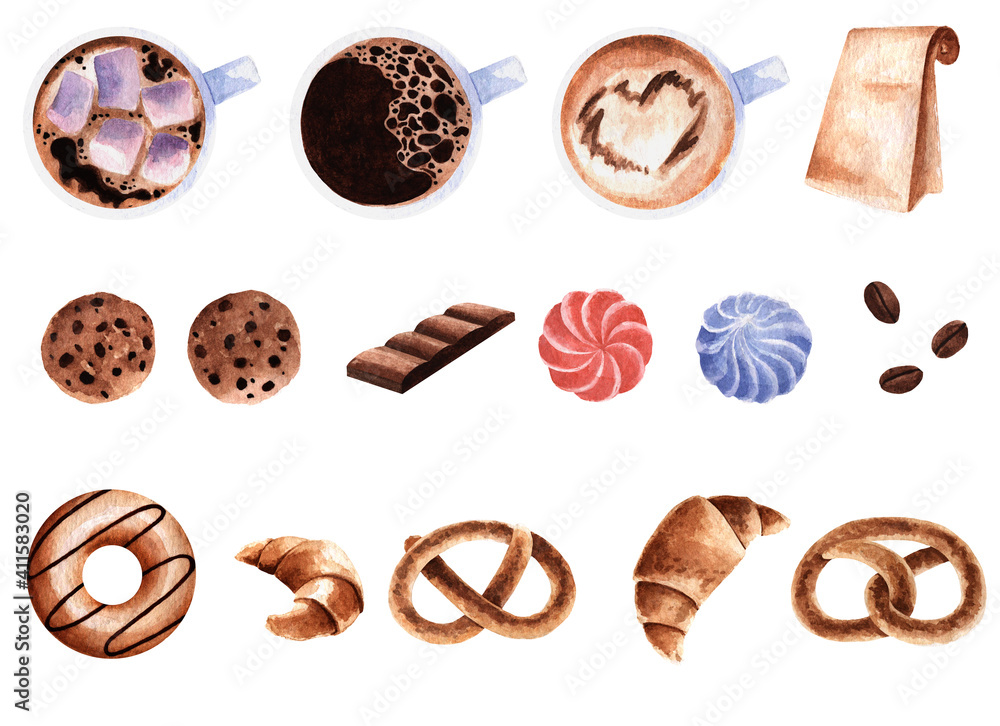 A set of coffee, sweets and pastries in a watercolor style. Great for bakery and coffee shop decoration A set of coffee, sweets and pastries in a watercolor style. Great for bakery and coffee shop decoration