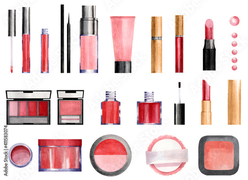 Set of watercolor elements of cosmetics. Lipstick, powder, varnish, ink, blush - cosmetics for make-up. Great for stickers, design, decor, brochures, booklets, and more.