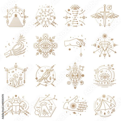 Esoteric symbols. Vector Thin line geometric badge. Outline icon for alchemy or sacred geometry. Mystic and magic design with alchemy symbols, mushrooms, snake, wildflower, hourglass, glass