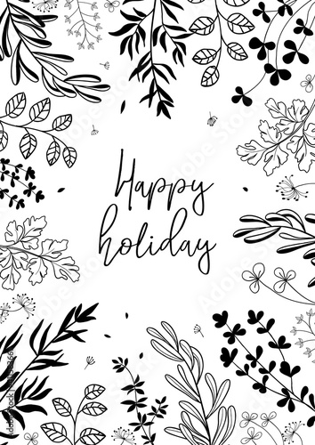 Floral vector template with leaves, plants for greeting card. Abstract natural elements. Silhouette of plant print for holiday poster, backdrop, cover, banner, invitation. Minimalistic design