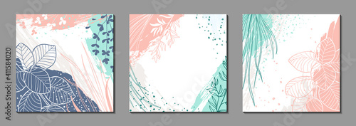 Abstract floral vector templates with organic shapes, plants. Set of trendy paint backgrounds for social media posts, banners, covers, greeting cards, branding design. Natural modern illustrations wit