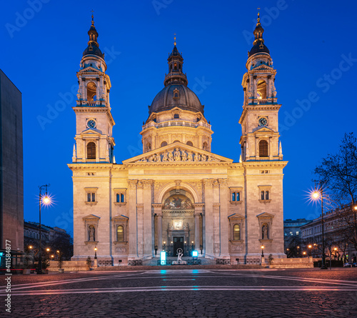 Famous Saint Stephen Cathedral at night in Budapest, Hungary