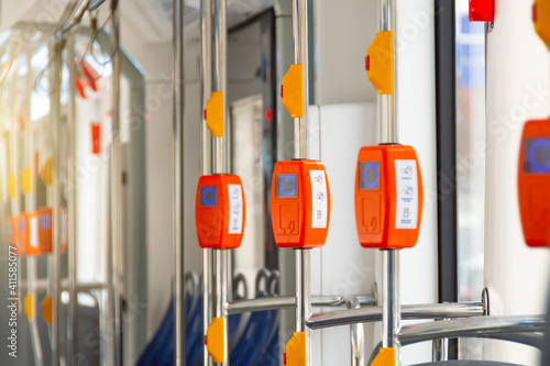 Ticket validator, card reader on public bus, trolleybus, tram. Public Transport card reader and scanner for toll payment, bank card and smartphone. photo