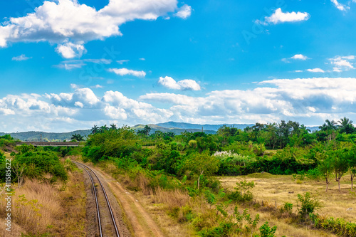 Railroad tracks in a tropical climate landscape