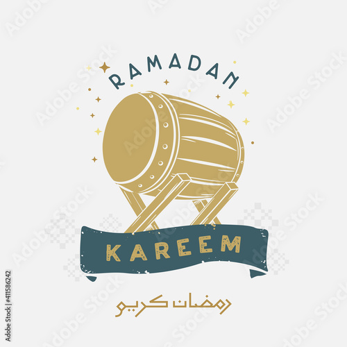 Ramadan Kareem greeting background with lantern, drum and arabic calligraphy which means "Ramadan Kareem" - islamic greeting background can use for Eid Mubarak square banner ads.