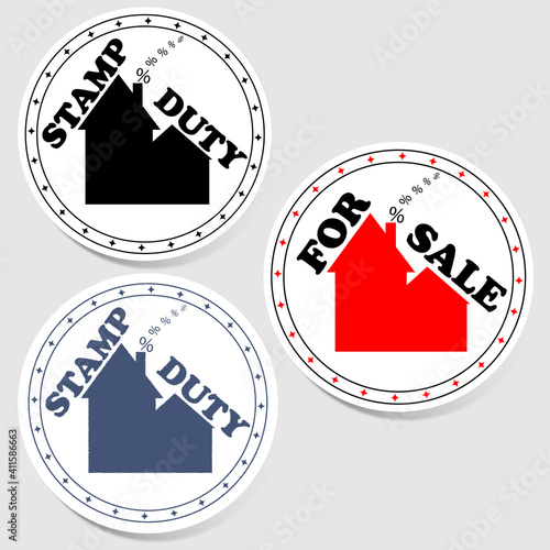 Real estate steacker set with stylized image of a house and percent symbol for financial articles, ads for real estate services, documents and network resources