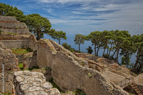 Ancient roman ruins of Villa Jovis. The ruins of Villa Jovis built by emperor Tiberius is located at the edge of a tall cliff on the island of Capri, Tyrrhenian sea, Italy