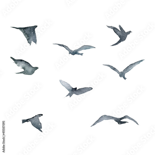 Canvas Print Watercolor animal card of abstract blue birds on the sky