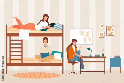 Female dormitory roommates live together. College students, friends on bunk bed. Concept of university lifestyle, friends sharing room. Flat cartoon vector illustration