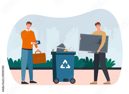 Two male characters are recycling e-waste. Two men are throwing broken TV to litter bin for electronics. Concept of nature protection and garbage recycling. Flat cartoon vector illustration