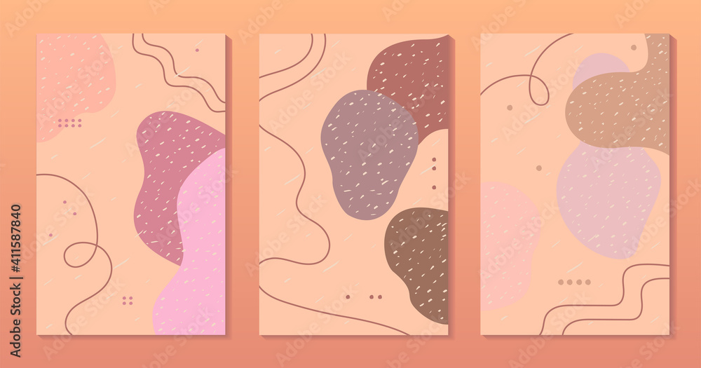 Abstract vector backgrounds set. Hand drawn various amorphous shapes, lines and objects. Modern trendy illustrations in coral pink muted pastel colors