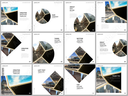 Brochure layout of square format covers design templates for square flyer leaflet, brochure design, report. Abstract black and golden project with clipping mask, geometric shapes for your photo.