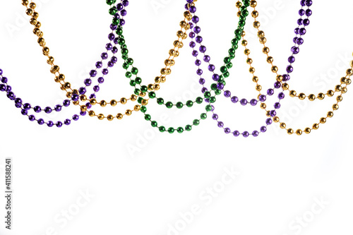 Three colour Merdi gras beads isolated on white background