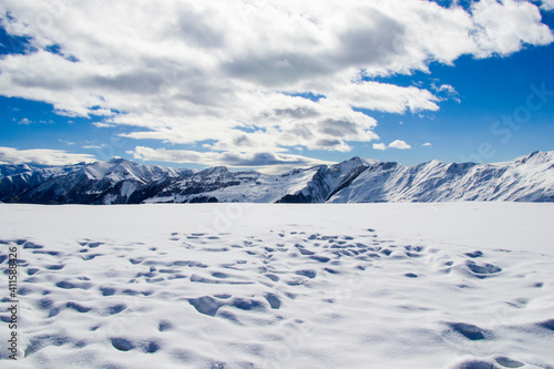 Snowy mountains landscape in Gudauri, Georgia