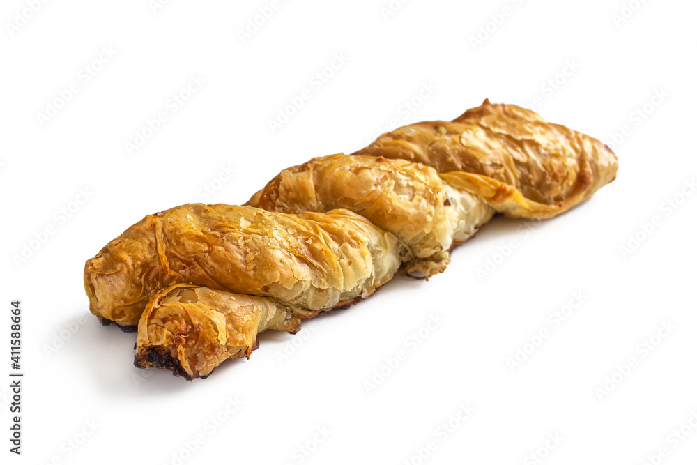Puff pastry bun stuffed with minced chicken on a white background