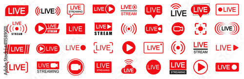 Set of live streaming icons. Set of video broadcasting and live streaming icon. Button, red symbols for TV, news, movies, shows - vector