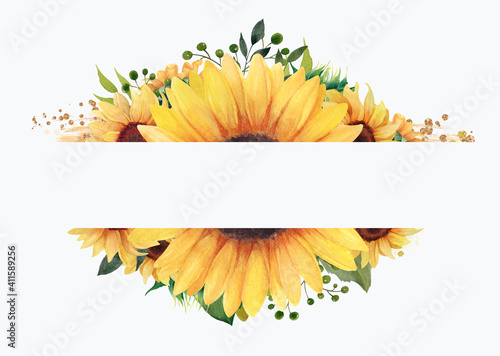 Watercolor sunflower frame, Floral clip art, Sunflower wreath, summer clipart © SoCuteArtShop