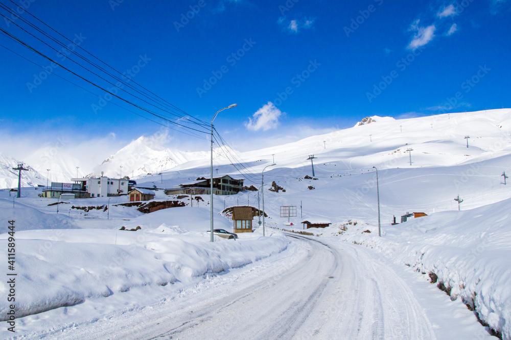 Georgian ski resort in Gudauri. Snowy mountains.
