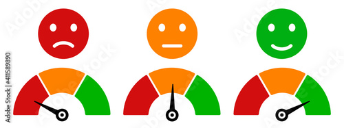 Colored scale speed, emoji faces icons, valuation by emoticons, measuring device tachometer speedometer indicator with different colors, satisfaction barometer - vector