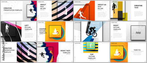 Presentation design vector templates, multipurpose template for presentation slide, brochure cover design. Abstract colored sport backgrounds in unique style for sport event, fitness design.