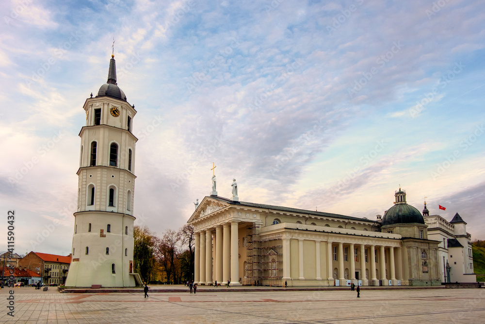 Vilnius, Lithuania. Cathedral Basilica of st. Stanislaus and St. Vladislav on Cathedral square with belfry.