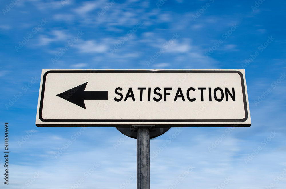 Satisfaction road sign, arrow on blue sky background. One way blank road sign with copy space. Arrow on a pole pointing in one direction. Satisfaction road sign, arrow on blue sky background. One way blank road sign with copy space. Arrow on a pole pointing in one direction.