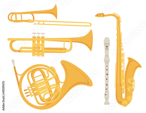 Set of saxophone and classical French horn musical instrument vector illustration