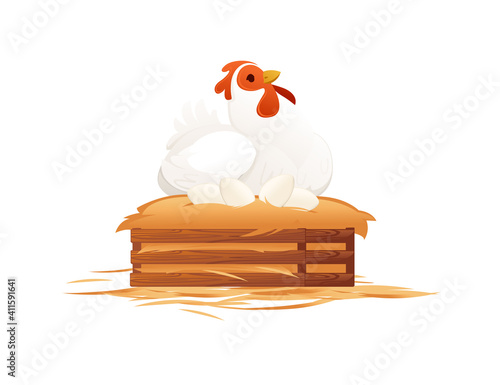 Cute white chicken nest with eggs farm agriculture hen rooster cartoon animal design vector illustration