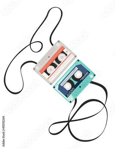 Retro audio cassette tape with tangled retro pattern vector illustration on white background