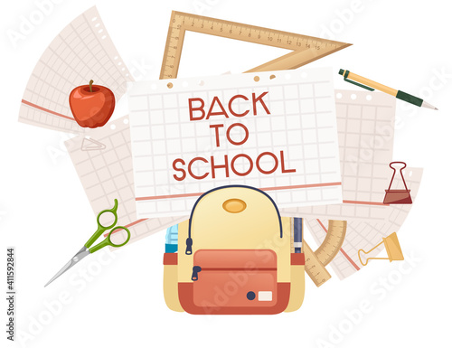 Back to school banner with signa stationery and books in backpack poster with school supplies vector illustration on white background