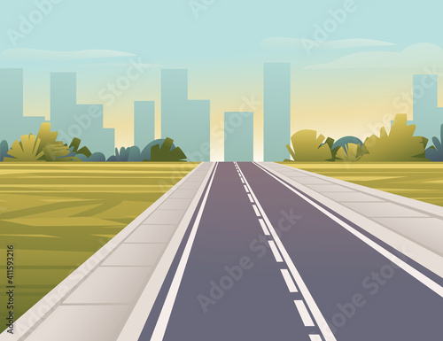 Road to city straight empty road through green meadow with trees and bushes sunny day with clear sky vector illustration
