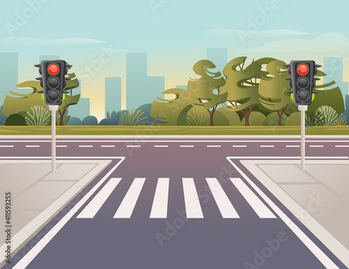 Empty city road with pedestrian crossing and traffic lights sunny day with clear sky vector illustration