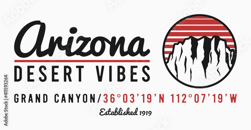 Arizona t-shirt design with rocky mountains. Typography graphics for Grand Canyon tee shirt with rocks illustration. Arizona apparel print. Vector.