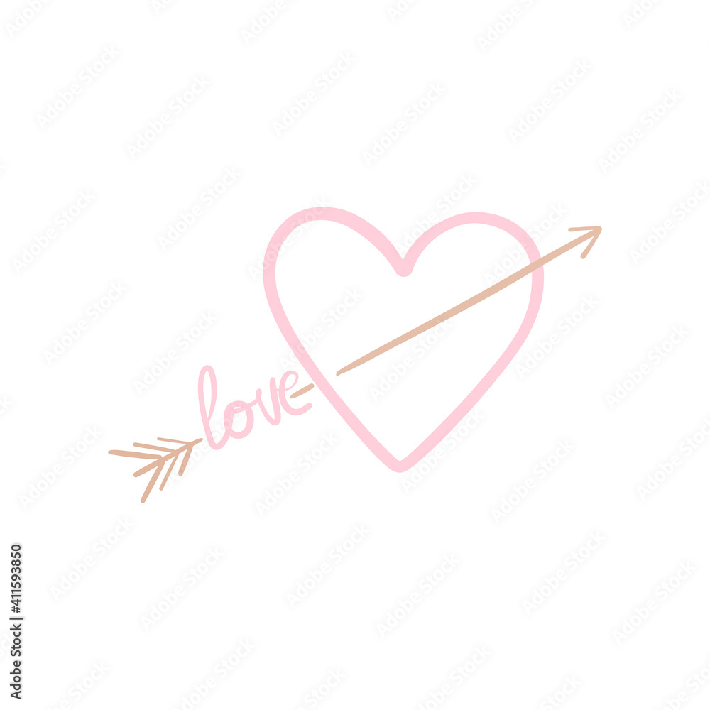 pink heart line art, vector doodle. Arrow with the inscription love, valentine's day card