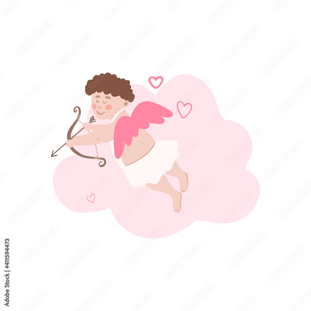 Vector cute angel cupid with bow and arrow, pink cloud. Cute illustration, Valentine's Day card Vector cute angel cupid with bow and arrow, pink cloud. Cute illustration, Valentine's Day card